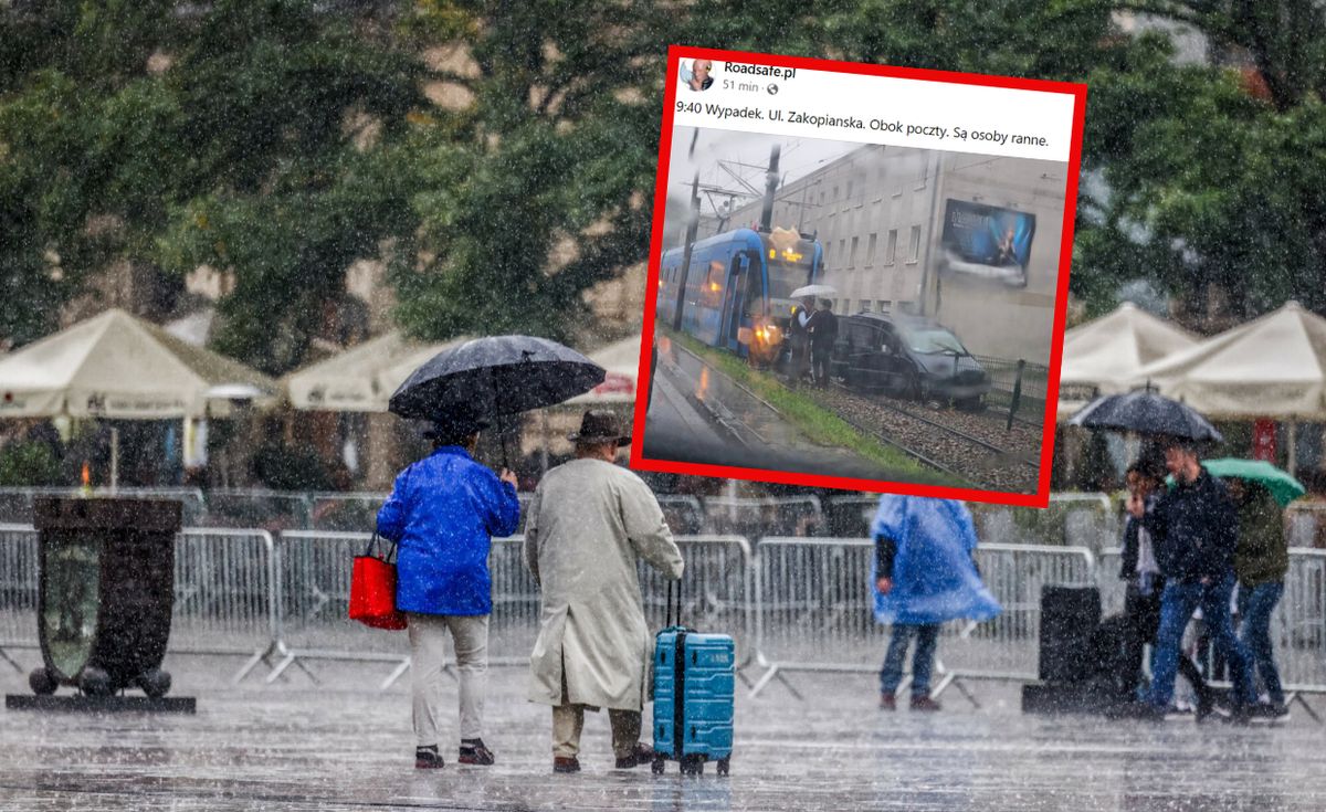 wypadek, kolizja, deszcz Tramwaj zderzył się z osobówką w Krakowie. Są ranni