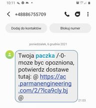 Przykładowe fałszywe SMS-y o paczkach