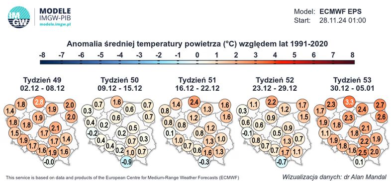 Anomalia średniej temperatury w grudniu