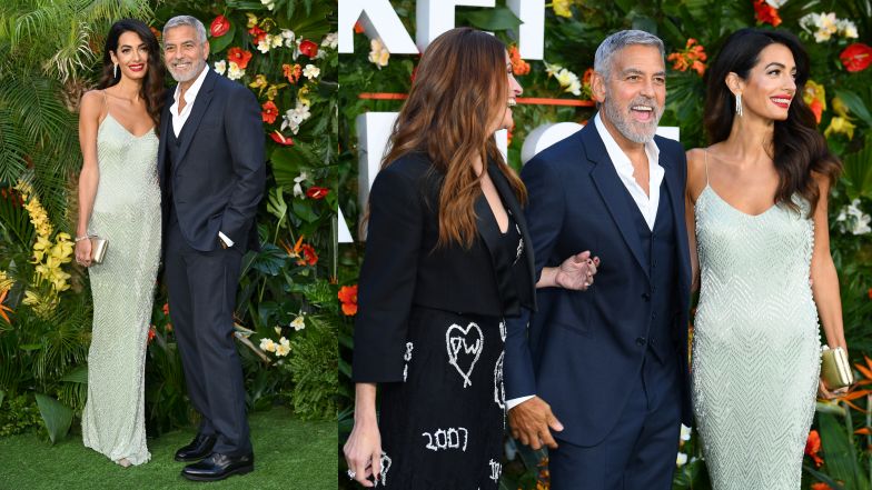 George i Amal Clooneyowie pozują na ściance z Julią Roberts