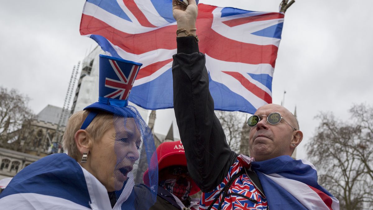 After threee and a half years of political upheavel in the British parliament, Brexiteers celebrate in Westminster on Brexit Day, the day when the UK legally leaves the European Union, on 31st January 2020, in London, England. (Photo by Richard Baker / In Pictures via Getty Images)