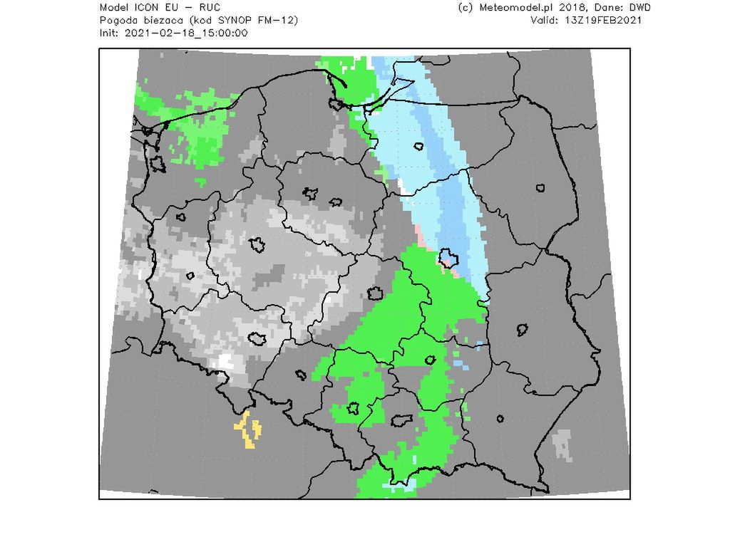  Pogoda. Popołudniowe ułożenie frontu nad Polską. Opady śniegu na północnym wschodzie. Opady deszczu w centrum i na południu