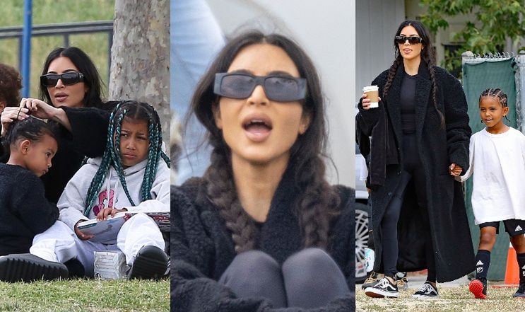 "Rozczochrana" i zaspana Kim Kardashian pilnuje dzieci na meczu piłki nożnej 