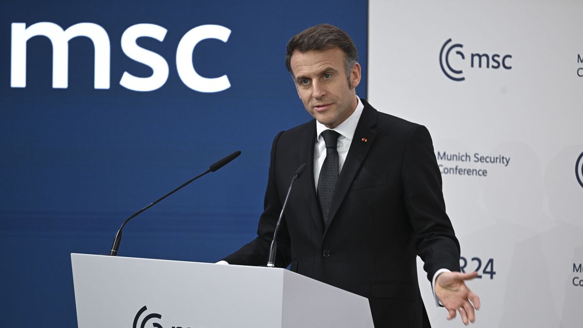 MUNICH, GERMANY - FEBRUARY 13: French President Emmanuel Macron makes a speech during the 62nd Munich Security Conference (MSC 2026), which brings together leading foreign policy and security experts from across the transatlantic world at the Bayerischer Hof Hotel, Munich, Germany on February 13, 2026. (Photo by Halil Sagirkaya/Anadolu via Getty Images)