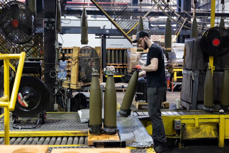 America's War Machine Can't Make Basic Artillery Fast Enough
An employee places painted projectiles on pallets at the Scranton Army Ammunition Plant in Scranton, Pennsylvania, US, on Tuesday, April 16, 2024. The US is now spending more than $5 billion to overhaul aging factories from Scranton, Pennsylvania, to rural Louisiana to southwest Virginia, with the goal of cranking out 100,000 155mm shells every month by the end of next year. Photographer: Rachel Wisniewski/Bloomberg via Getty Images
Bloomberg
manufacture, laborer, jobs, americas, business news, u.s., unrest, weaponry, employment, north american, projectiles, scranton army ammunition plant, worker, enterprise2024, labor, labour, american, u.s.a., us, work, industries, labor market, fabrication, united states of america, war, conflict, crisis