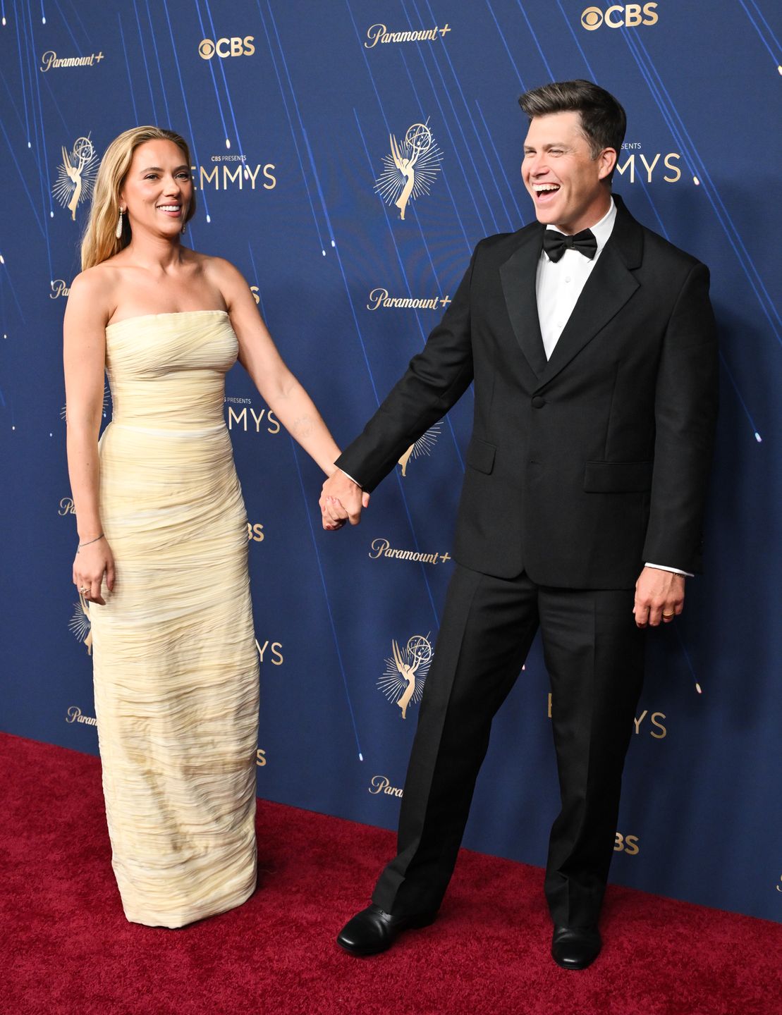 Scarlett Johansson, Colin Jost at the 77th Primetime Emmy Awards held at the Peacock Theater on September 14, 2025 in Los Angeles, California. (Photo by Michael Buckner/Variety via Getty Images)
