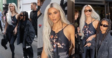 "Mroczna" Kim Kardashian w spodniobutach za 13 tysięcy drepcze do butiku Balenciagi z wystrojoną North (ZDJĘCIA)