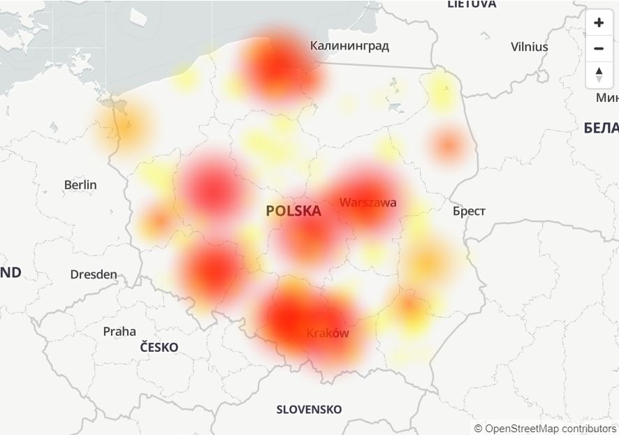 Awaria w T-Mobile jest widoczna głównie w dużych miastach, źródło: Downdetector.