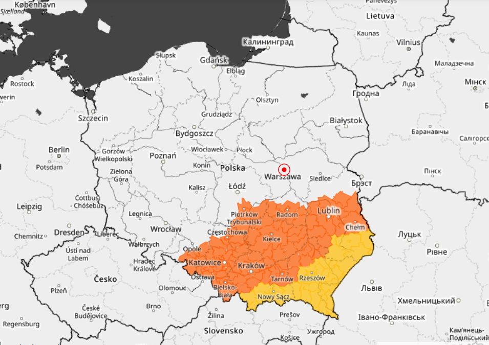 Ostrzeżenia I (kolor żółty) i II stopnia (kolor pomarańczowy)