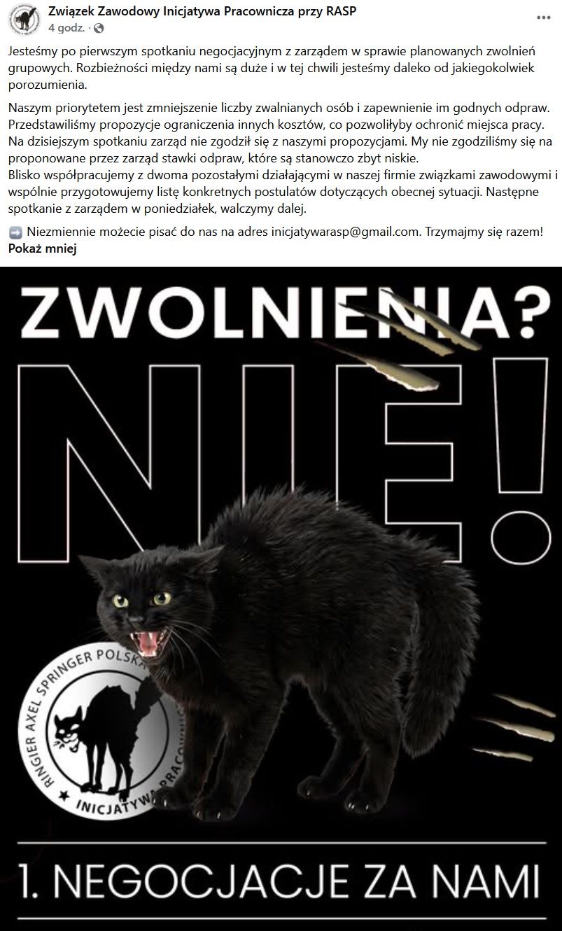 Wpis Inicjatywy Pracowniczej przy RASP o zwolnieniach grupowych