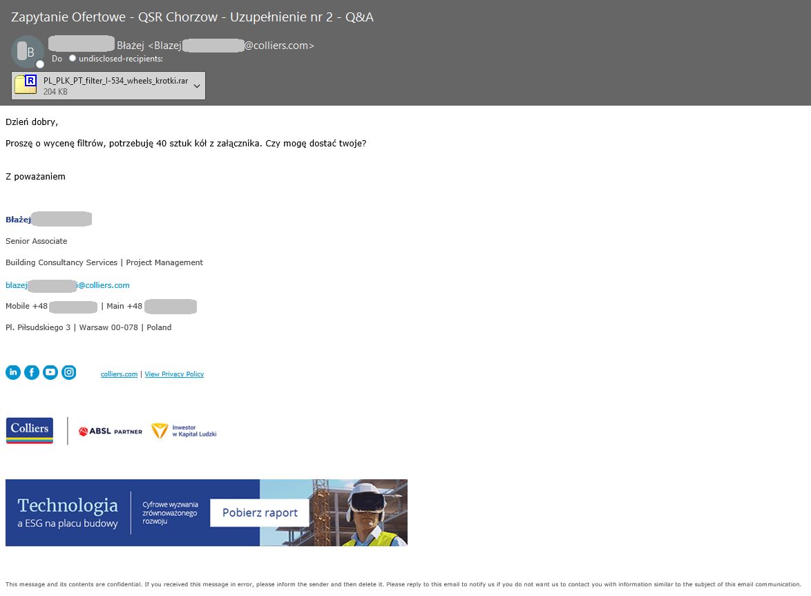 Fałszywy e-mail z zainfekowanym załącznikiem
