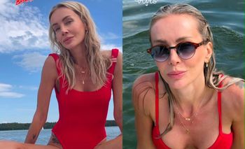 Agnieszka Woźniak-Starak w czerwonym kostiumie à la "Słoneczny Patrol" tapla się w jeziorze (ZDJĘCIA)