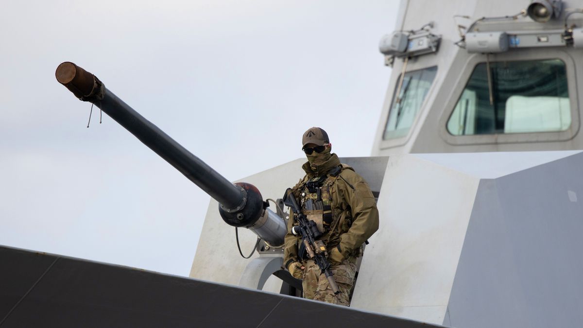NATO Warships in Latvia Ahead of Baltic Exercises
An armed soldier guards the deck of Royal Norwegian Navy Fridtjof Nansen-class warship HMoMS Roald Amundsen (F311), part of the Standing NATO Maritime Group, at the passenger port in Riga, Latvia, on Sunday, Oct. 30, 2022. For the Baltics, Moscow will remain a threat in eastern Europe regardless of the outcome of the war, with no indication that Kremlins foreign policy will change, Mikk Marran, Estonias outgoing espionage chief, said. Photographer: Andrey Rudakov/Bloomberg via Getty Images
Bloomberg
latvian, european, north atlantic treaty organisation, eastern european countries, baltic, emea, defense dept., militaries navy, north atlantic treaty organisation, nato, government news