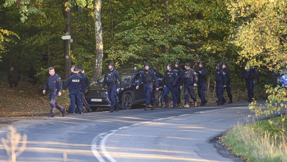 Poszukiwania Grzegorza Borysa
Fot. Piotr Hukalo/East News, 23.10.2023. Gdynia. Czwarty dzien poszukiwan Grzegorza Borysa podejrzanego o zabojstwo 6-letniego syna w Gdyni. N/z oblawa policji w lasach miedzy Karwinami a Chwarznem w Gdyni.
Piotr Hukalo