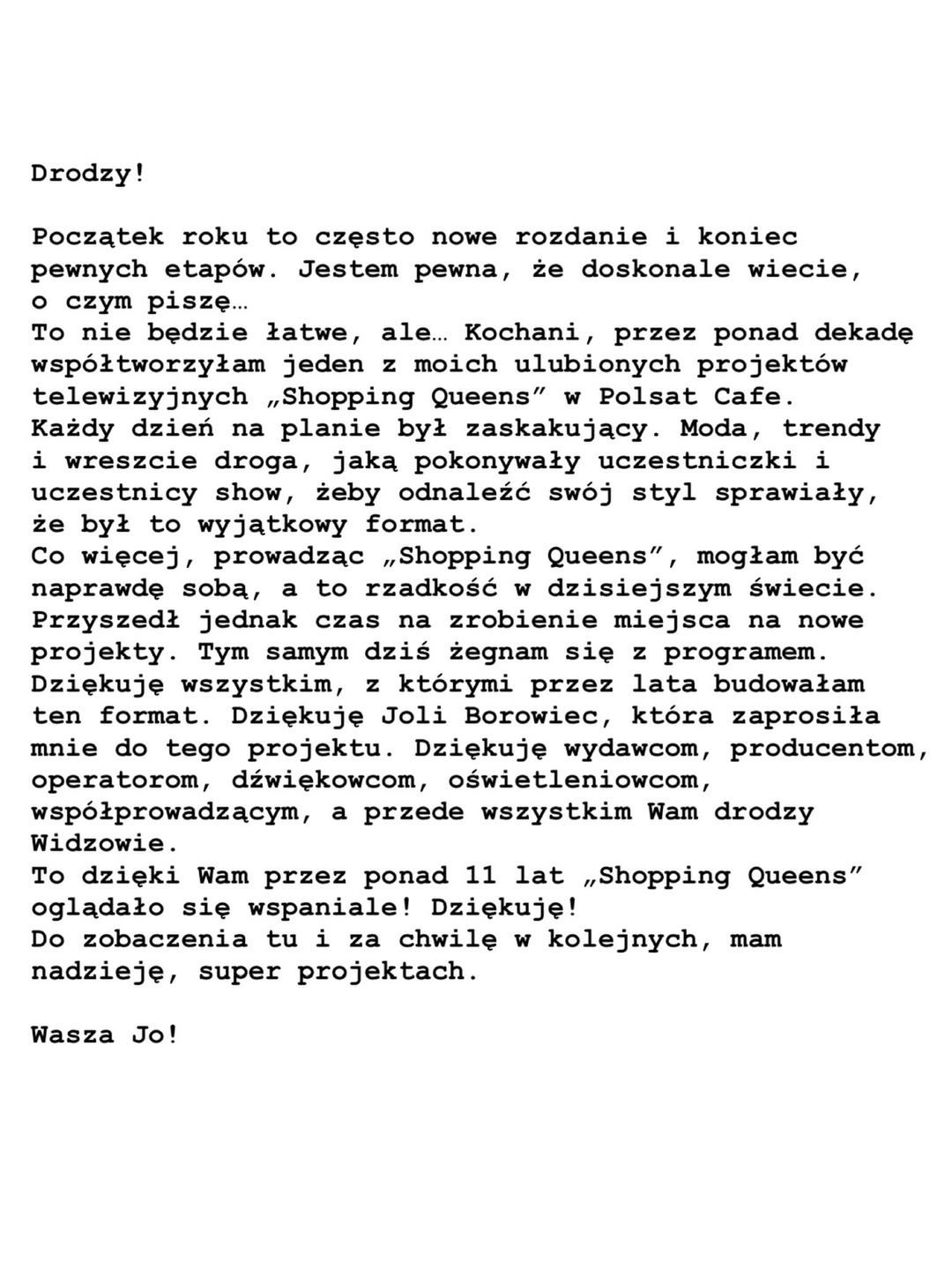 Oświadczenie Joanny Horodyńskiej