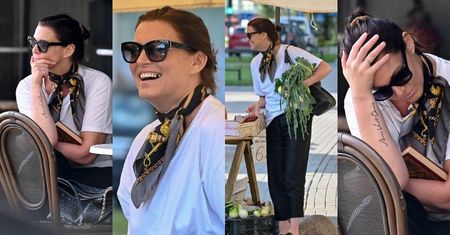 Posępna Ilona Felicjańska oddaje się lekturze w kawiarni i promienieje przy zakupie dorodnych czereśni i kalafiorów (ZDJĘCIA)