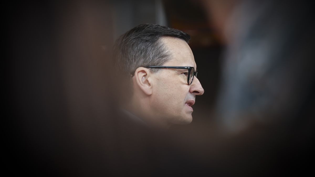 Prime Minister of Poland Mateusz Morawiecki talks to the media at a standup doorstep media press briefing after the end of the 2-day European Council summit. The Polish PM does a statement, talks about the meeting with the EU leaders and heads of states at the headquarters of the European Union and answers questions from journalists. EUCO in Brussels, Belgium on 24 March 2023  (Photo by Nicolas Economou/NurPhoto via Getty Images)