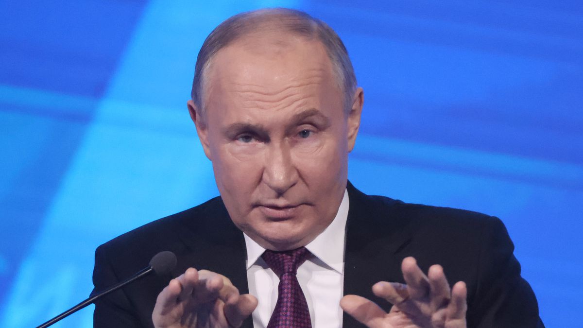 MOSCOW, RUSSIA - APRIL 25 (RUSSIA OUT) Russian President Vladimir Putin gestures during the plenary session of the congress of Russian Union of Industrialists and Entrepreneurs (RSPP) on April 25, 2024 in Moscow, Russia. Vladimir Putin visited an annual meeting of top Russian businessmen and billionaires. (Photo by Contributor/Getty Images)