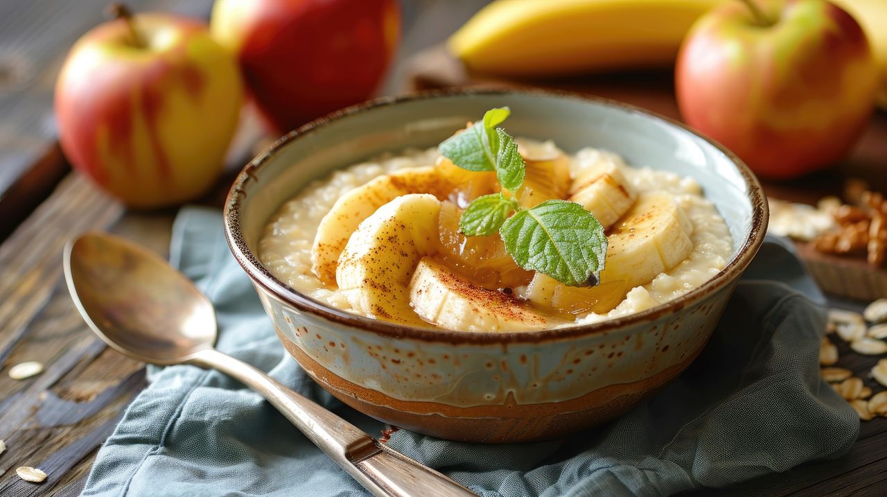 Oatmeal with banana and apple seasoned with cinnamon