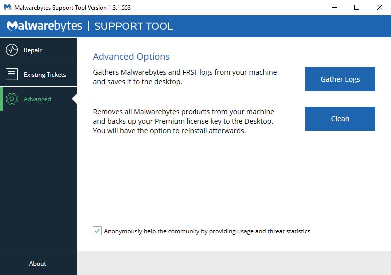 Malwarebytes Support Tool pozwala zebrać logi z głównej aplikacji.