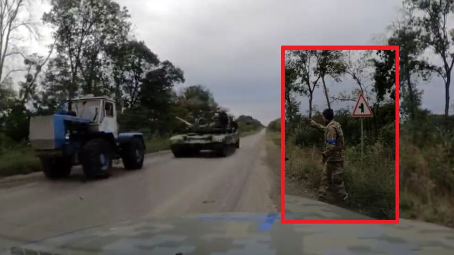 Ukraińscy farmerzy holują rosyjski czołg pod Charkowem. 