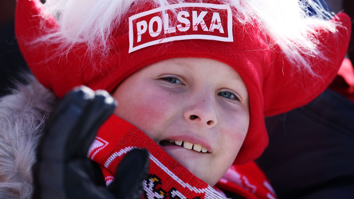 LAKE PLACID, NEW YORK - FEBRUARY 12:  A polish fan cheersduring the Men's Large Hill competition on Day 3 of the Viessmann FIS Ski Jumping World Cup at Lake Placid Olympic Jumping Complex on February 12, 2023 in Lake Placid, New York. (Photo by Al Bello/Getty Images)