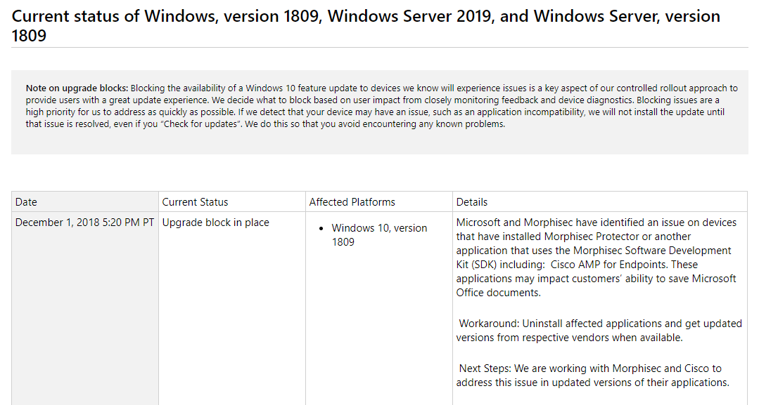 Możliwe problemy z działaniem Office'a to najnowsza znana usterka październikowej aktualizacji Windowsa 10. Źródło: historia aktualizacji Windows 10.