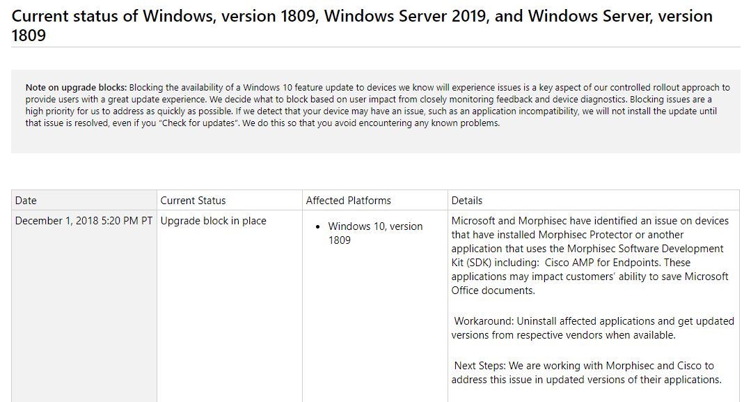 Możliwe problemy z działaniem Office'a to najnowsza znana usterka październikowej aktualizacji Windowsa 10. Źródło: historia aktualizacji Windows 10.