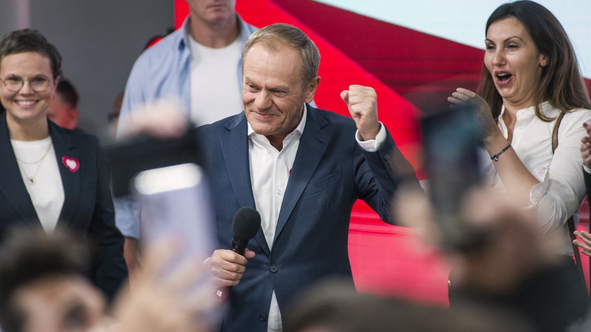WARSAW, MAZOWIECKIE, POLAND - 2023/10/15: The Civic Coalition's leader Donald Tusk speaks during the election night in Warsaw. Polish opposition leader Donald Tusk, during the election night said that three opposition parties had sufficient votes to win the general election on Sunday after an exit poll projected that they had enough combined support to oust the ruling Law and Justice. The Ipsos exit poll suggested, that the Civic Coalition has won 31,6% of votes, the opposition Third Way has 13% of votes and the New Left 8,6%, while the Law and Justice won 36,8%. (Photo by Attila Husejnow/SOPA Images/LightRocket via Getty Images)