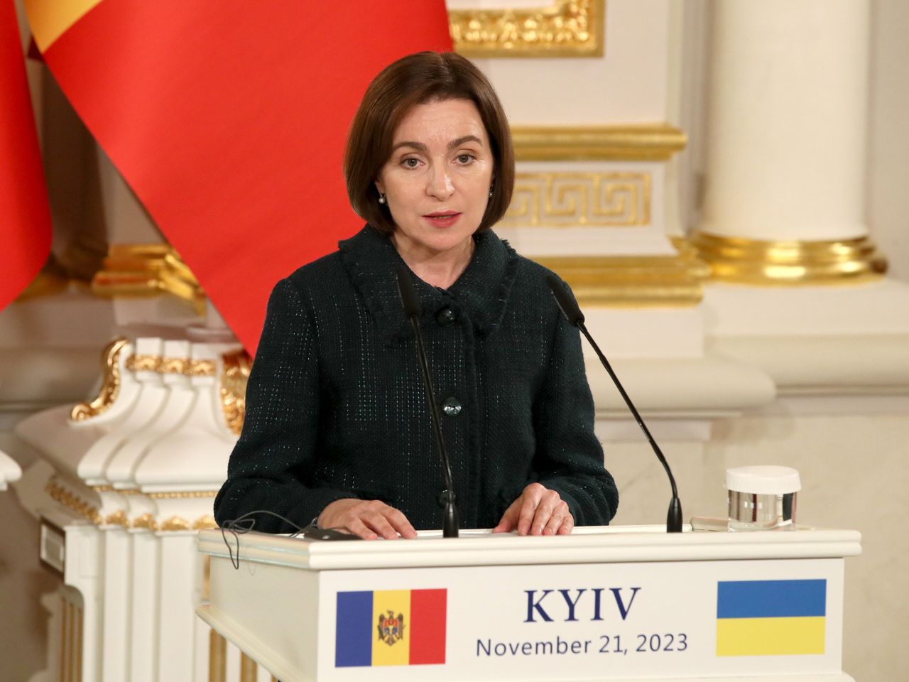 KYIV, UKRAINE - NOVEMBER 21, 2023 - President of the Republic of Moldova Maia Sandu speaks during a joint briefing with  President of Ukraine Volodymyr Zelenskyy and President of the European Council Charles Michel in Kyiv, capital of UkraineNO USE RUSSIA. NO USE BELARUS. (Photo by Ukrinform/NurPhoto via Getty Images)