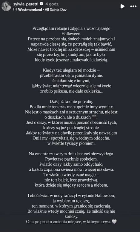 Wpis Sylwii Peretti w dniu Wszystkich Świętych