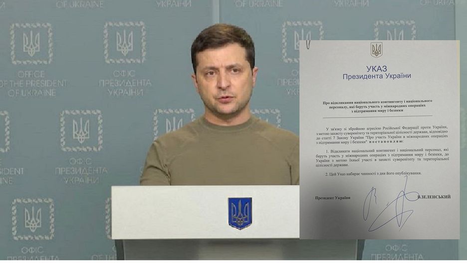 Agencja Ukrinform podała, że prezydent Ukrainy Wołodymyr Zełenski podpisał dekret o ściągnięciu żołnierzy sił pokojowych z całego świata wraz z bronią i sprzętem do kraju, w celu wzmocnienia armii ukraińskiej w odpieraniu rosyjskiej agresji.