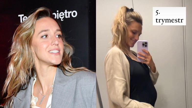 Aleksandra Żebrowska dotyka się za brzuch i pisze o 5. trymestrze
