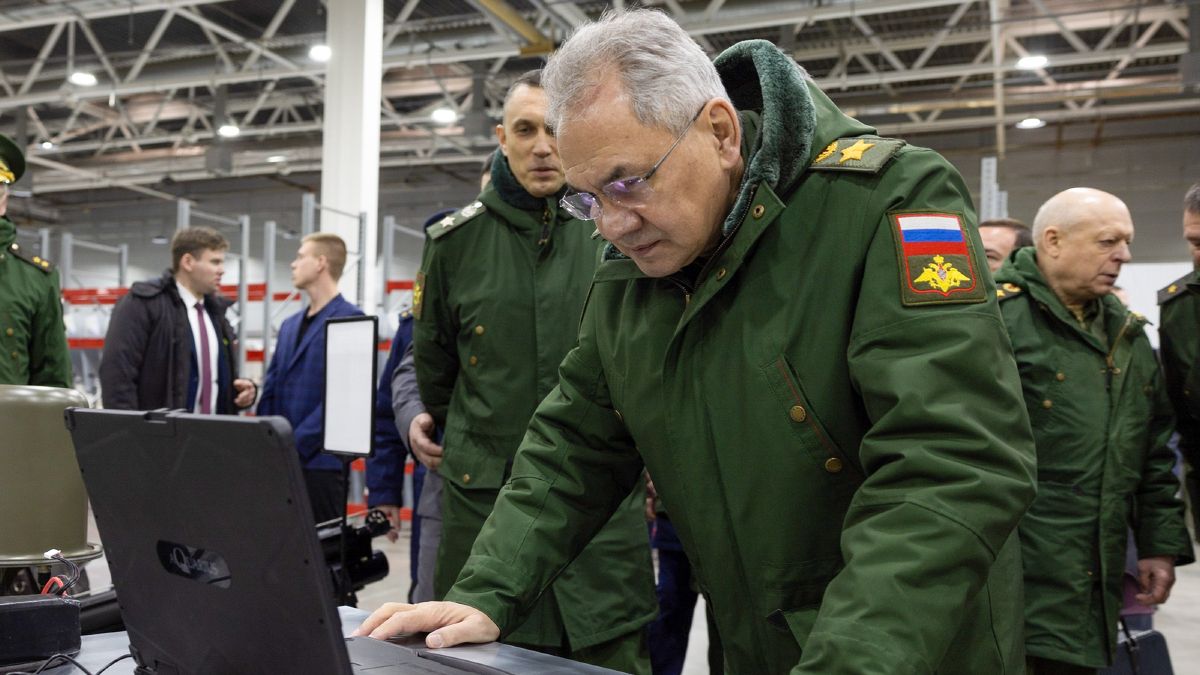UDMURTIA, RUSSIA - FEBRUARY 10: (----EDITORIAL USE ONLY  MANDATORY CREDIT - 'RUSSIAN DEFENSE MINISTRY / DMITRY KHARICHKOV / POOL / HANDOUT' - NO MARKETING NO ADVERTISING CAMPAIGNS - DISTRIBUTED AS A SERVICE TO CLIENTS----) Russian Defense Minister Army General Sergei Shoigu (2nd R) checks the implementation of the state defense order for the production of UAVs in Udmurtia, Russia on February 10, 2024. (Photo by Russian DM/Dmitry Kharichkov / Pool/Anadolu via Getty Images)