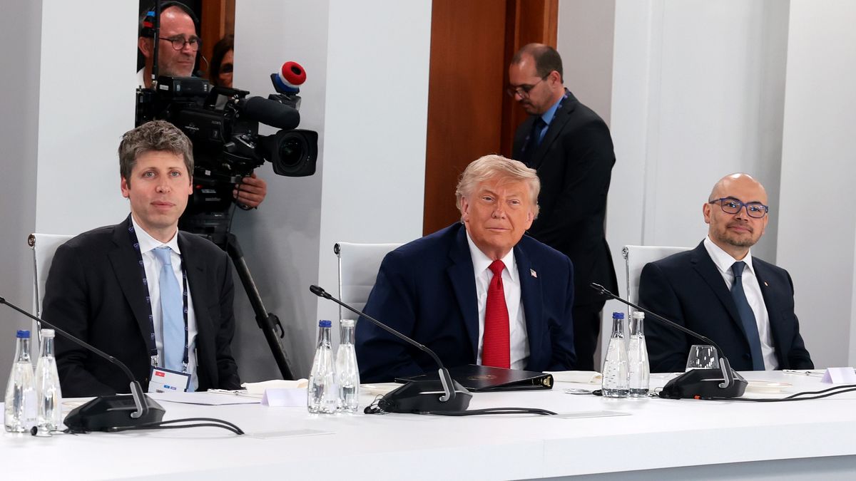 EVIAN-LES-BAINS, FRANCE - JUNE 17: (L-R) CEO of OpenAI Sam Altman, U.S. President Donald Trump and CEO of DeepMind Demis Hassabis attend a working lunch with G7 leaders, G7 outreach partners, and global tech CEOs on innovation and AI, during the G7 Summit on June 17, 2026 in Evian-les-Bains, France. Leaders from the Group of 7 (G7) countries convened in Evian, France, near the Swiss border, for their annual summit to discuss challenges to peace and security for Ukraine and Europe, the situation in the Middle East, and other geopolitical issues. (Photo by Anna Moneymaker/Getty Images)