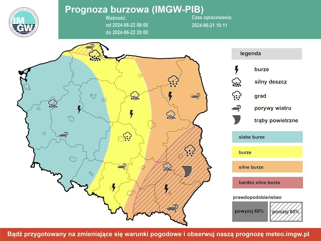 Prognoza burzowa IMGW na sobotę, 22 czerwca 2024