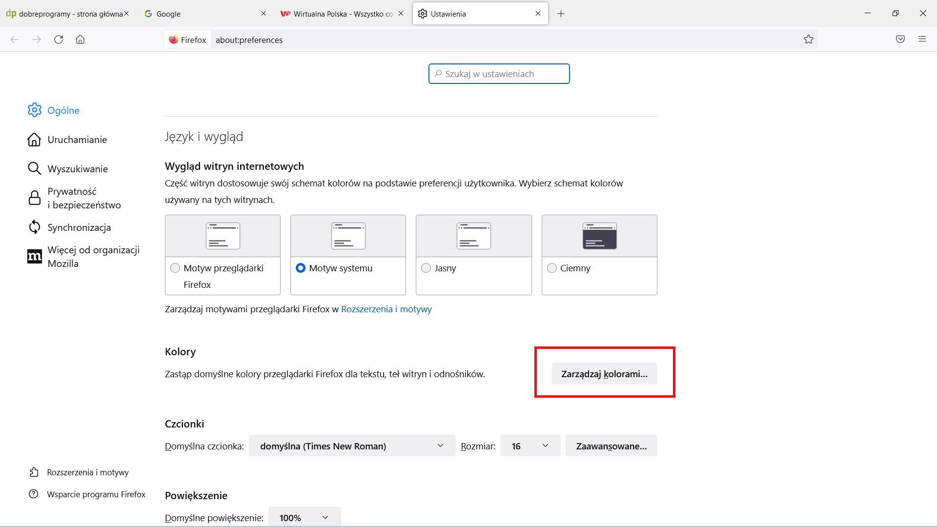 Firefox: kierujemy się do Zarządzaj kolorami..