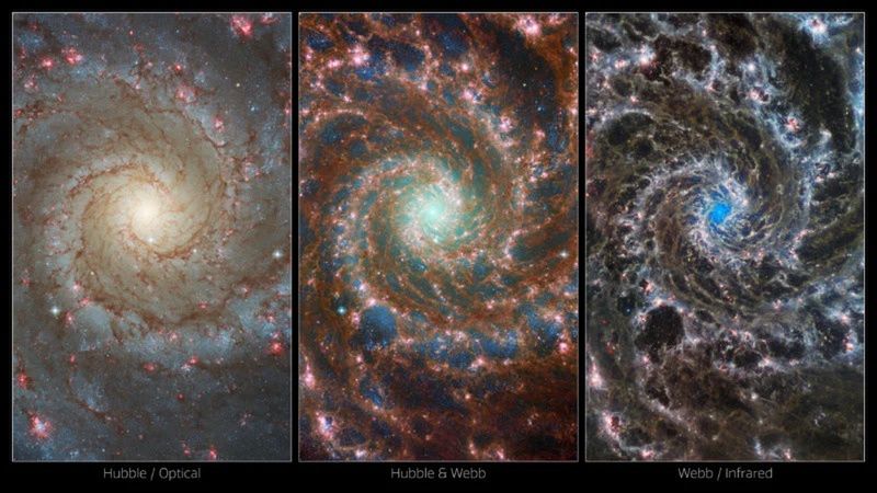 Porównanie zdjęć M74. Od lewej: zdjęcie z Kosmicznego Teleskopu Hubble'a, połączone zdjęcie z HST oraz JWST, zdjęcie z Kosmicznego Teleskopu Jamesa Webba.