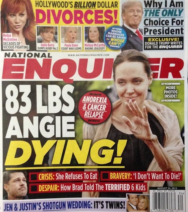 National Enquirer: "Angelina Jolie waży 39 kilogramów i UMIERA!"