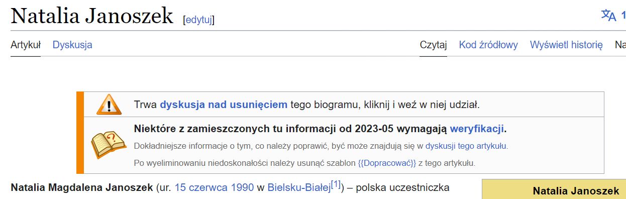 Adnotacja w biogramie Natalii Janoszek