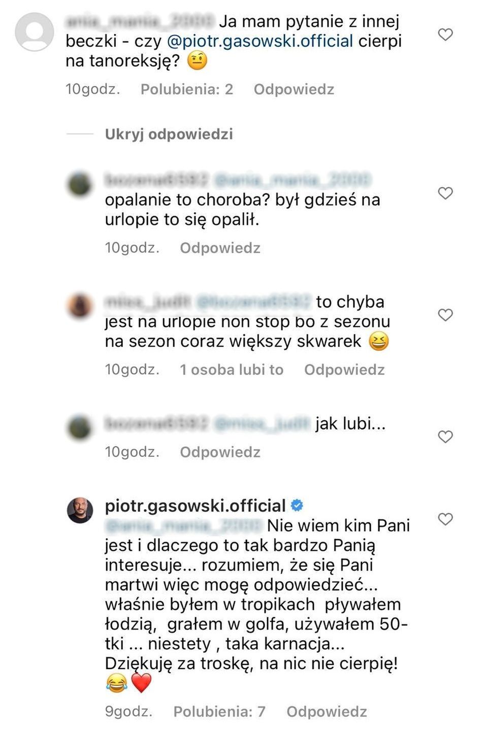 Internauci niepokoją się opalenizną Piotra Gąsowskiego