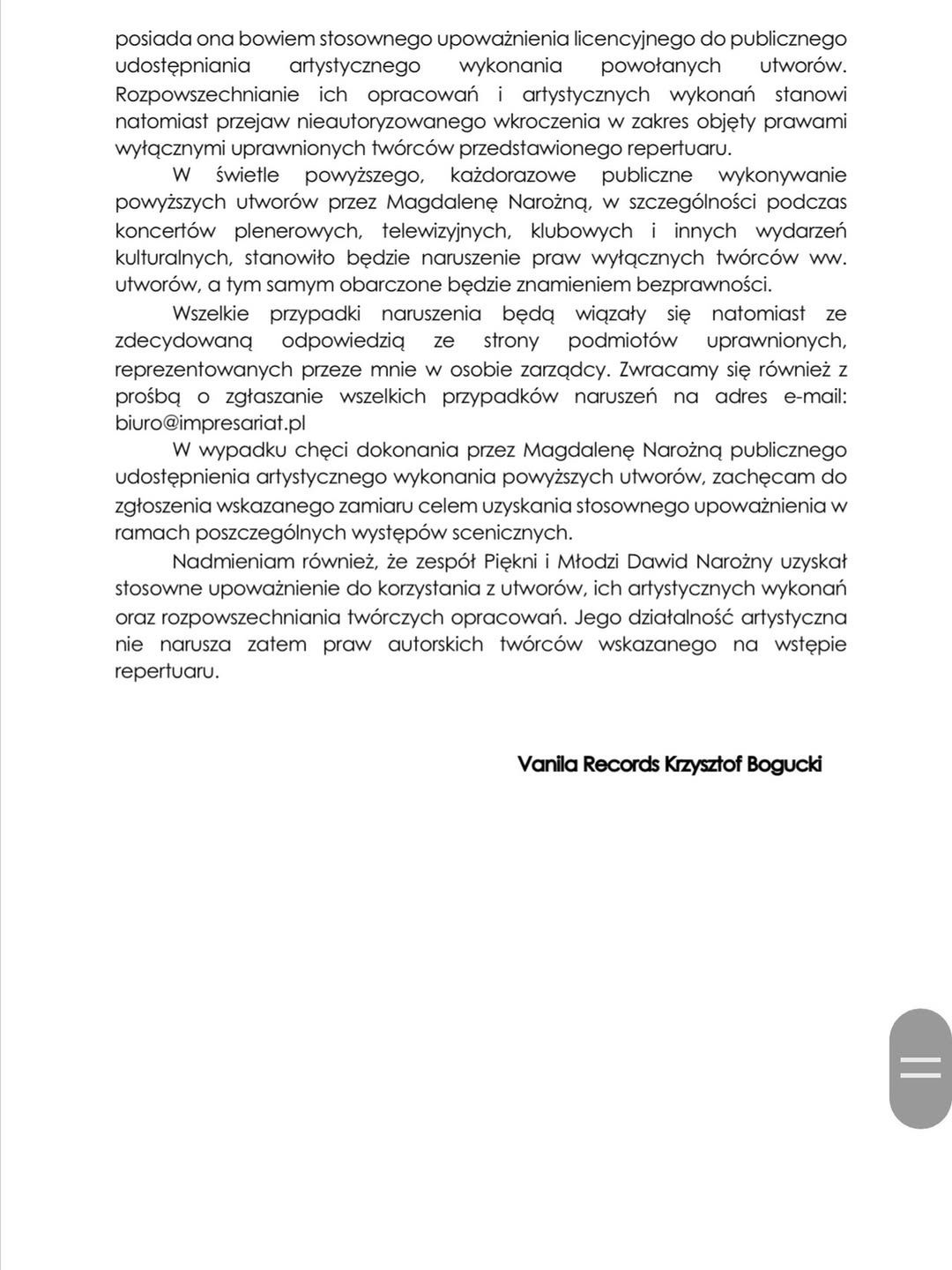 Fragment pisma udostępnionego przez Daniela Narożnego