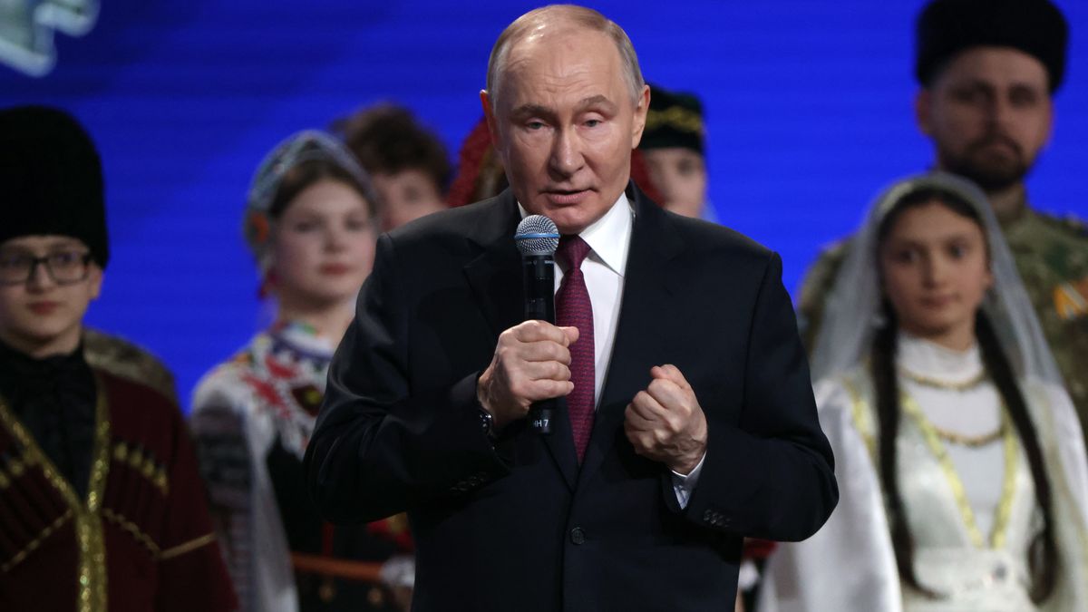 MOSCOW, RUSSIA - FEBRUARY 5: Russian President Vladimir Putin addresses to participants, wearing national wear of the peoples of Russia, during a launching ceremony of the 'Year Of Unity Of The Peoples of Russia'at the Russia National Exhibition Center, on February 5, 2026, in Moscow, Russia. Last year President Putin issued an executive order designating 2026 as the "Year of Unity of the Peoples of Russia," in a bid to strengthen national unity.(Photo by Contributor/Getty Images)
