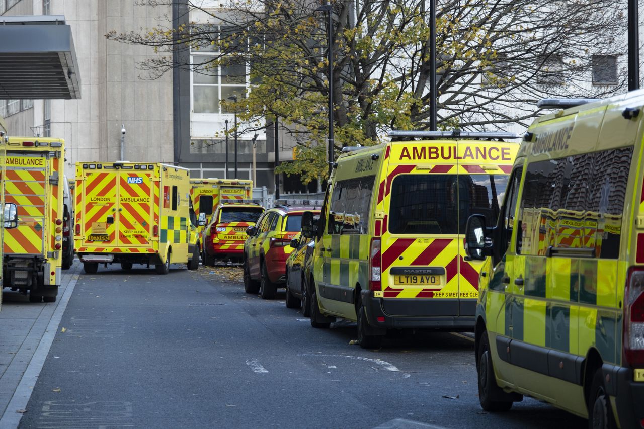 A line of ambulances in front of Royal London Hospital