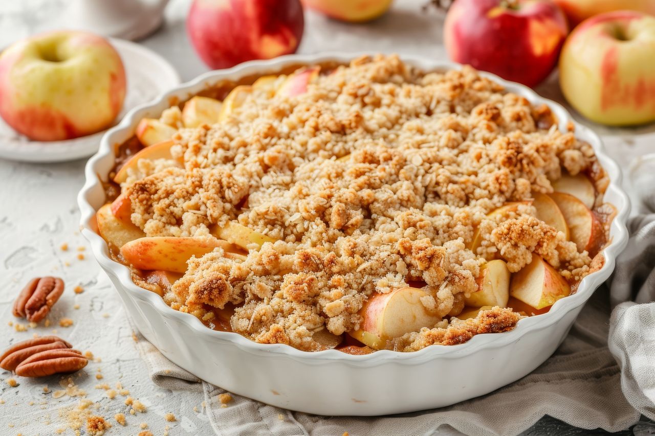 Apple pie with a lot of crumble is a warming cake.