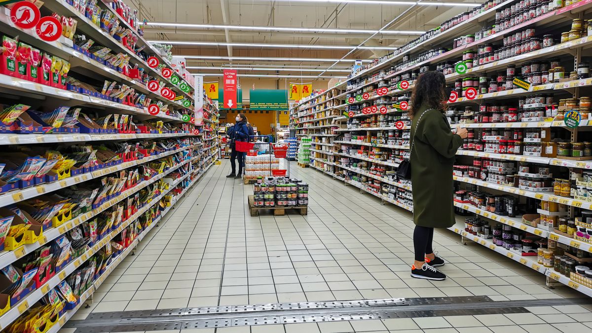 Grocery shopping in Auchan supermarket in Krakow, Poland on February 9, 2022.  (Photo by Beata Zawrzel/NurPhoto via Getty Images)