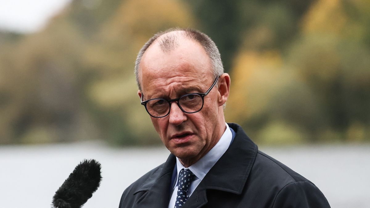 POTSDAM, GERMANY - OCTOBER 14: German Chancellor Friedrich Merz delivers a media statement during his inaugural visit to Brandenburg State on October 14, 2025 in Potsdam, Germany. Merz is in the course of visiting each of Germany's 16 states. (Photo by Filip Singer - Pool/Getty Images)