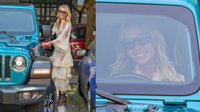 Agnieszka Woźniak-Starak w falbanach przeskakuje ogrodzenie w drodze do swego turkusowego Jeepa (ZDJĘCIA)