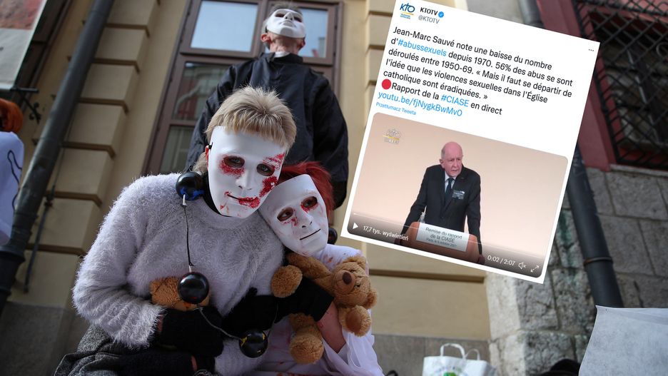Protest pod hasłem "Wierzymy ofiarom. Dziwisz nie" w Krakowie w listopadzie 2020 roku. Na małym zdjęciu Jean-Marc Sauve przedstawia raport o pedofilii we francuskim Kościele w ostatnich 70 latach