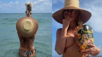 Heidi Klum TOPLESS zajada chipsy z własną podobizną i pluska się w wodzie. Fajnie się bawi? (FOTO)
